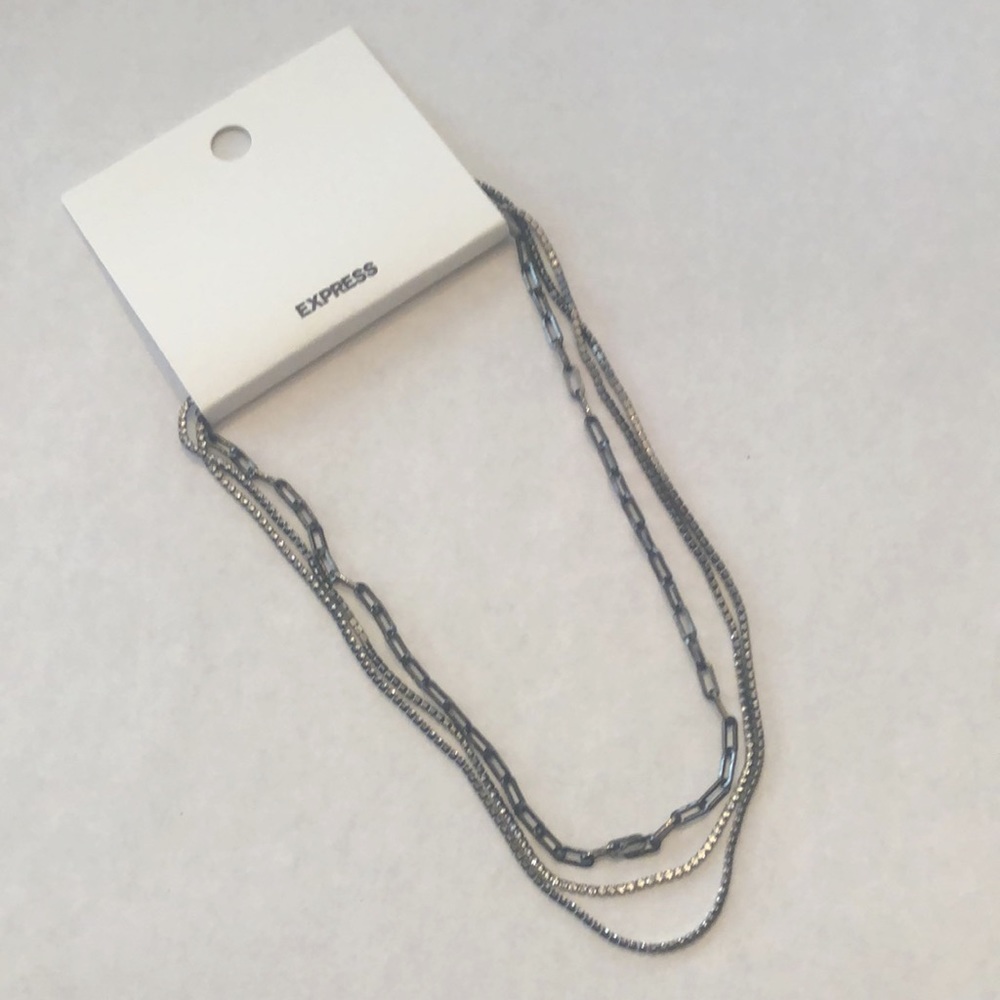 Express Three Row Paperclip & Rhinestone Chain Necklace Hematite Lobster Clasp